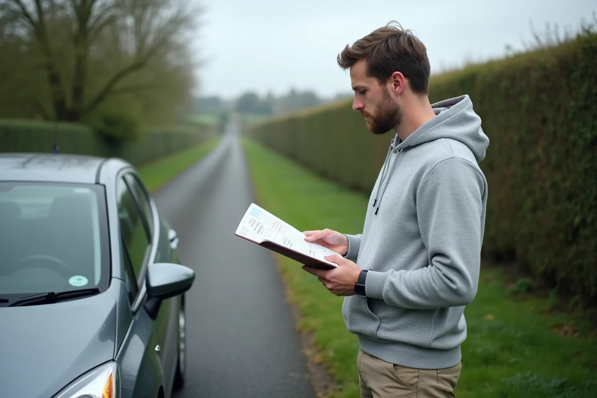 Homme debout près d'une voiture sur une route de campagne britannique en train de calculer la conversion de miles par heure en km/h sur un carnet