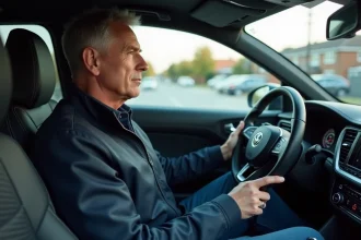 Homme d'âge moyen dans une voiture moderne et élégante