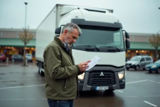 Homme stressé tenant un contrat de location de camion devant un camion blanc dans un parking de supermarché