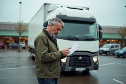 Homme stressé tenant un contrat de location de camion devant un camion blanc dans un parking de supermarché