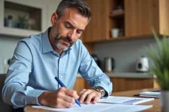 Homme d'âge moyen remplissant un contrat de vente de voiture