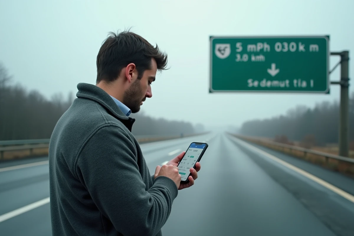Homme vérifiant une conversion de miles en kilomètres sur son téléphone devant un panneau autoroutier français