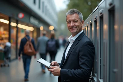 Homme d'affaires avec tablette devant casiers de retrait