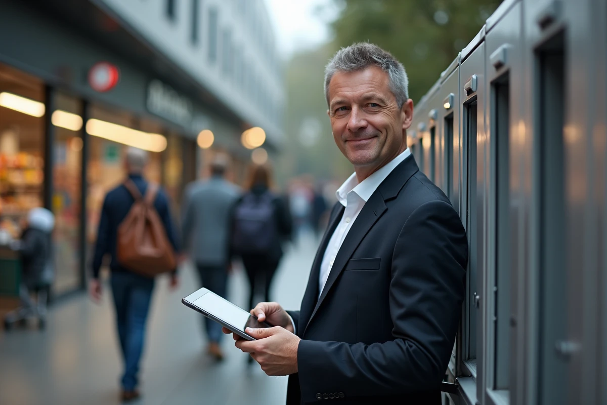 Homme d'affaires avec tablette devant casiers de retrait