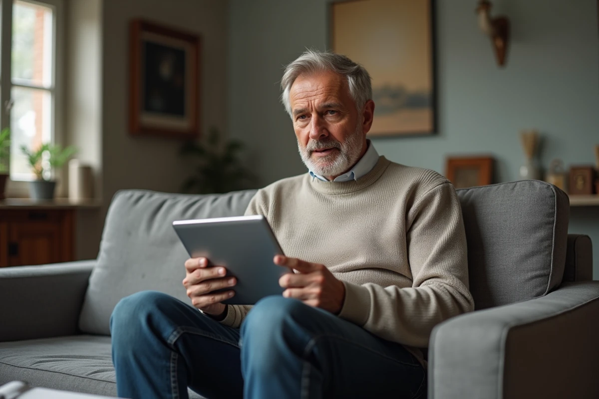 Homme partageant une exp&eacute;rience avec sa tablette