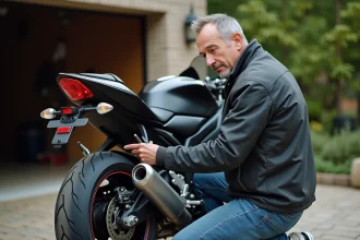 Homme inspectant une moto Suzuki GSX 600 R en extérieur
