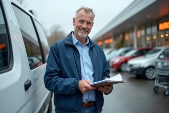 Homme souriant avec van blanc en parking supermarche