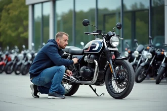 Homme inspectant une moto CB Boldor 900 en concession