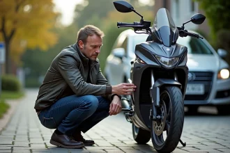 Homme en veste moto inspectant les disques de frein d'une moto
