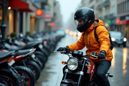 Homme en veste moto imperm&eacute;able v&eacute;rifiant ses pneus en ville