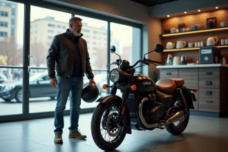 Homme inspectant une moto Ural neuve en concession