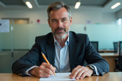 Homme en blazer remplissant des papiers dans un bureau moderne