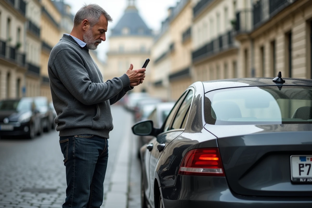 Homme photographiant les dégâts de sa voiture pour contester une indemnisation insuffisante