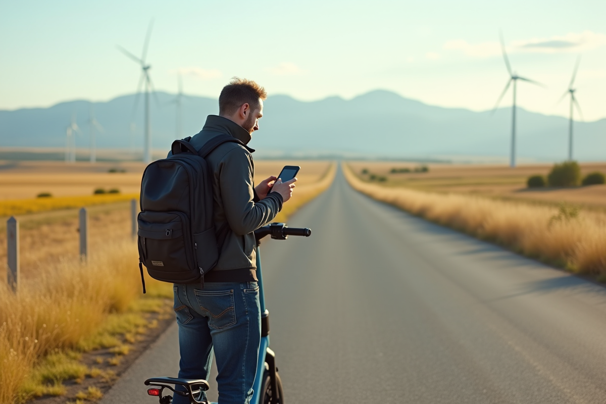 Homme en scooter électrique dans la campagne vérteuse et montagnes en arrière-plan
