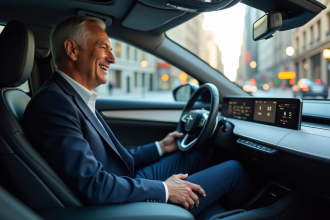 Homme d'âge moyen en costume dans une voiture autonome moderne