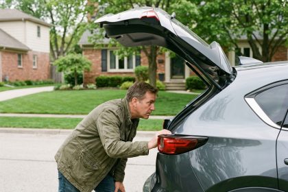 Homme d'âge moyen près d'un SUV en extérieur