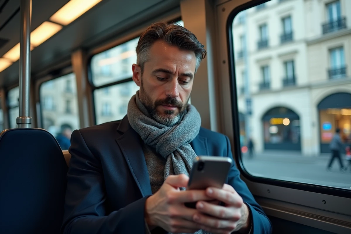Homme vérifiant son itinéraire dans un tram parisien