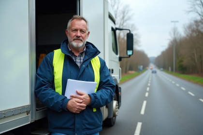 Homme en veste de travail près d'un camion blanc