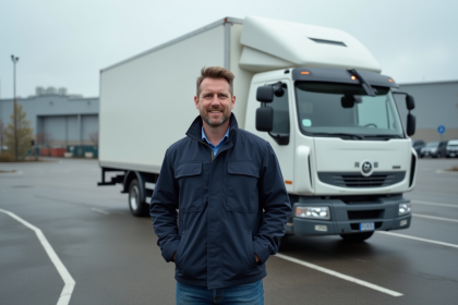 Homme d'âge moyen à côté d'un camion blanc en ville