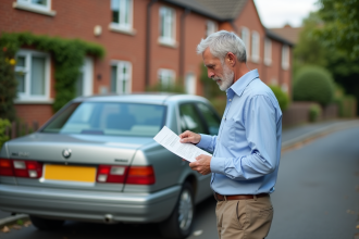Homme vérifiant papiers d'une voiture ancienne dans la rue