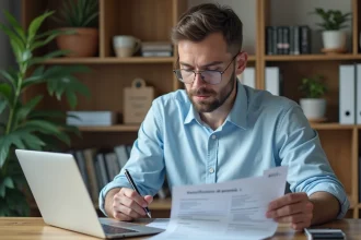 Homme consultant un questionnaire de vérification de permis en PDF imprimé à son bureau