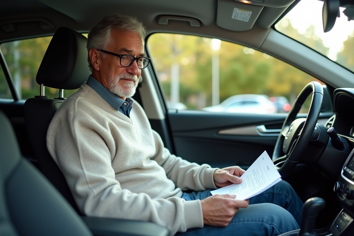 Homme vérifie des documents de voiture dans sa voiture