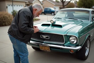 Homme d'âge moyen examinant l'emblème d'une voiture vintage