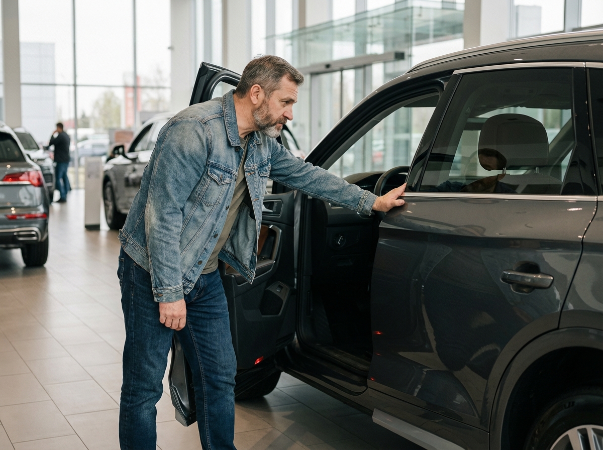 Homme d age moyen examine une SUV moderne en concession