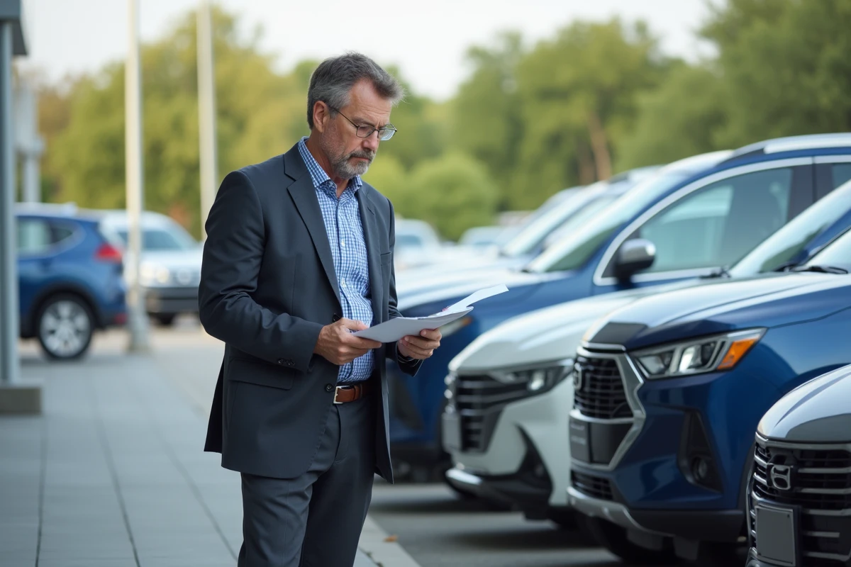 Homme d'affaires examinant une voiture d'occasion en concession