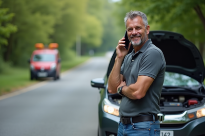 Homme d'&acirc;ge moyen avec voiture en panne sur la route