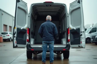 Homme d'âge moyen observant l'espace de chargement d'une camionnette