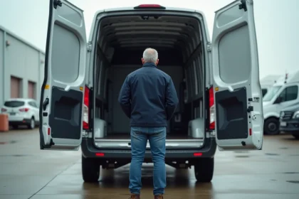 Homme d'&acirc;ge moyen observant l'espace de chargement d'une camionnette