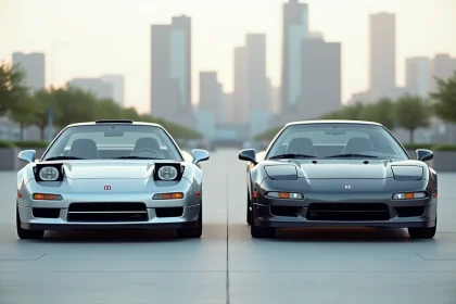 Honda NSX ancienne génération et nouvelle génération côte à côte sur une place urbaine, comparaison de design