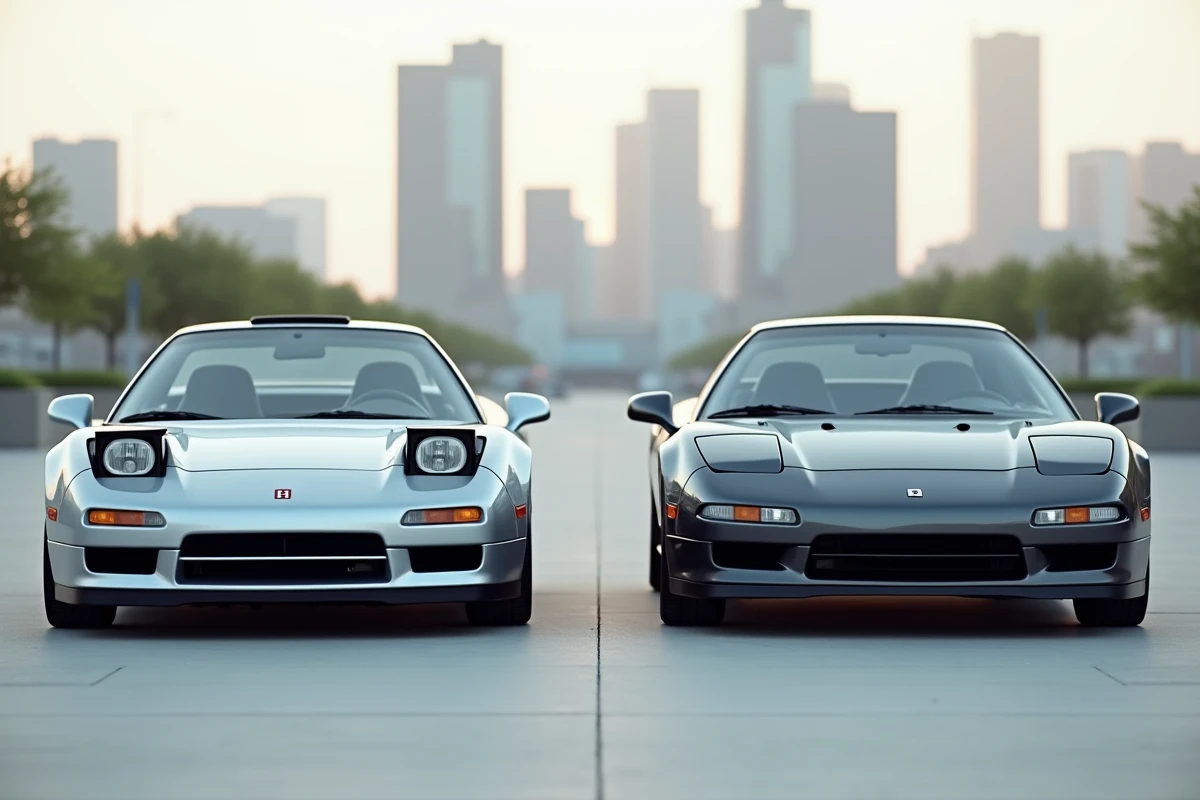Honda NSX ancienne génération et nouvelle génération côte à côte sur une place urbaine, comparaison de design