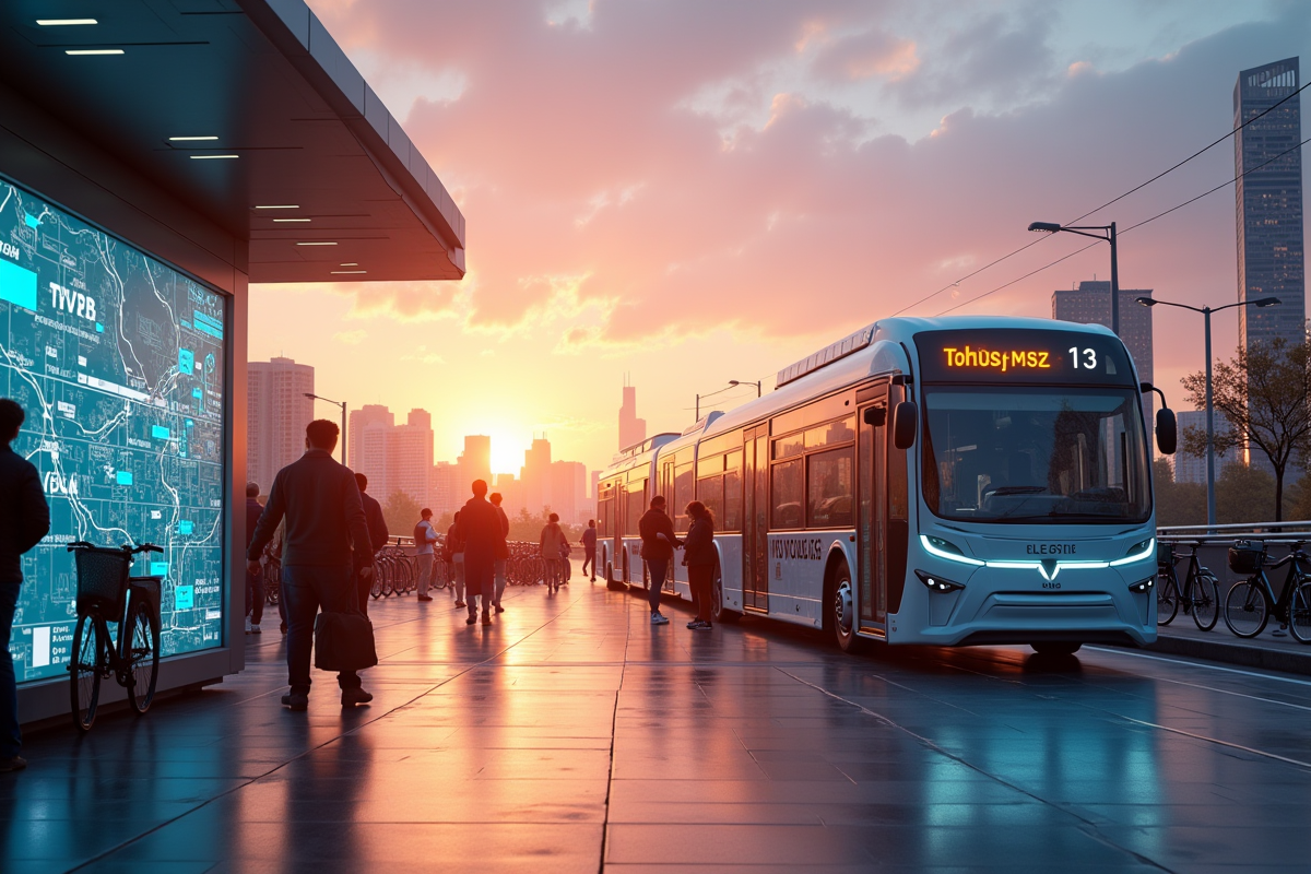 Hub de mobilité urbaine avec bus electriques et carte digitale