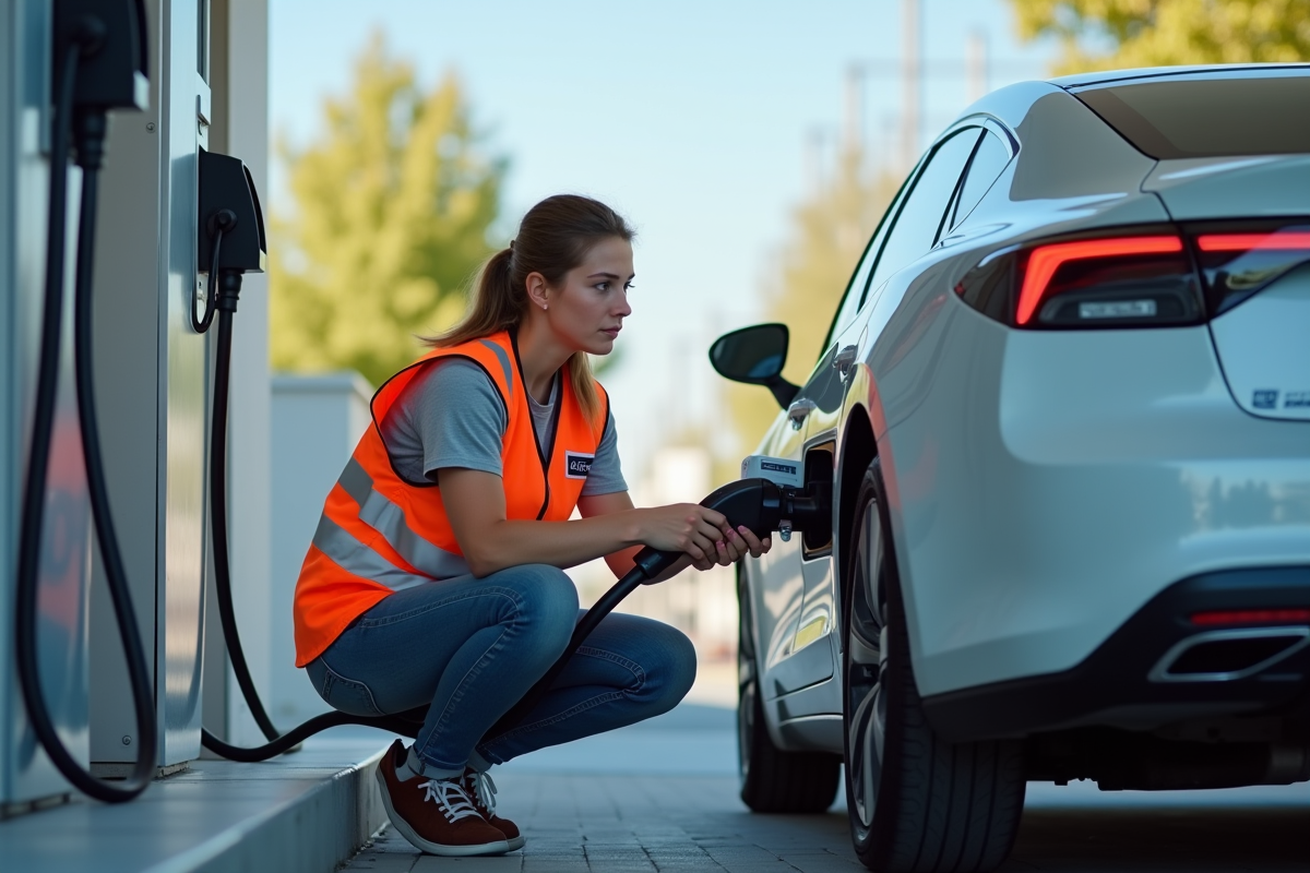 Ingénieure connectant une station de recharge hydrogene
