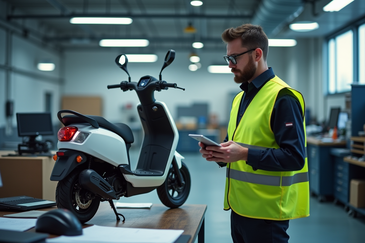 Inspecteur en gilet examine un scooter électrique dans un atelier lumineux