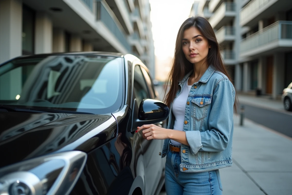 Jeune femme inspectant la carrosserie brillante d