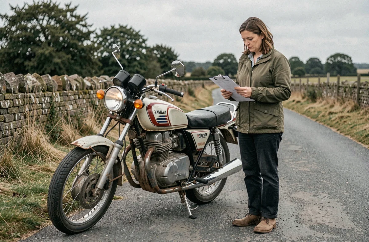 Femme vérifiant une Yamaha RDLC 350 d'occasion avec une checklist lors d'une vente privée en milieu rural