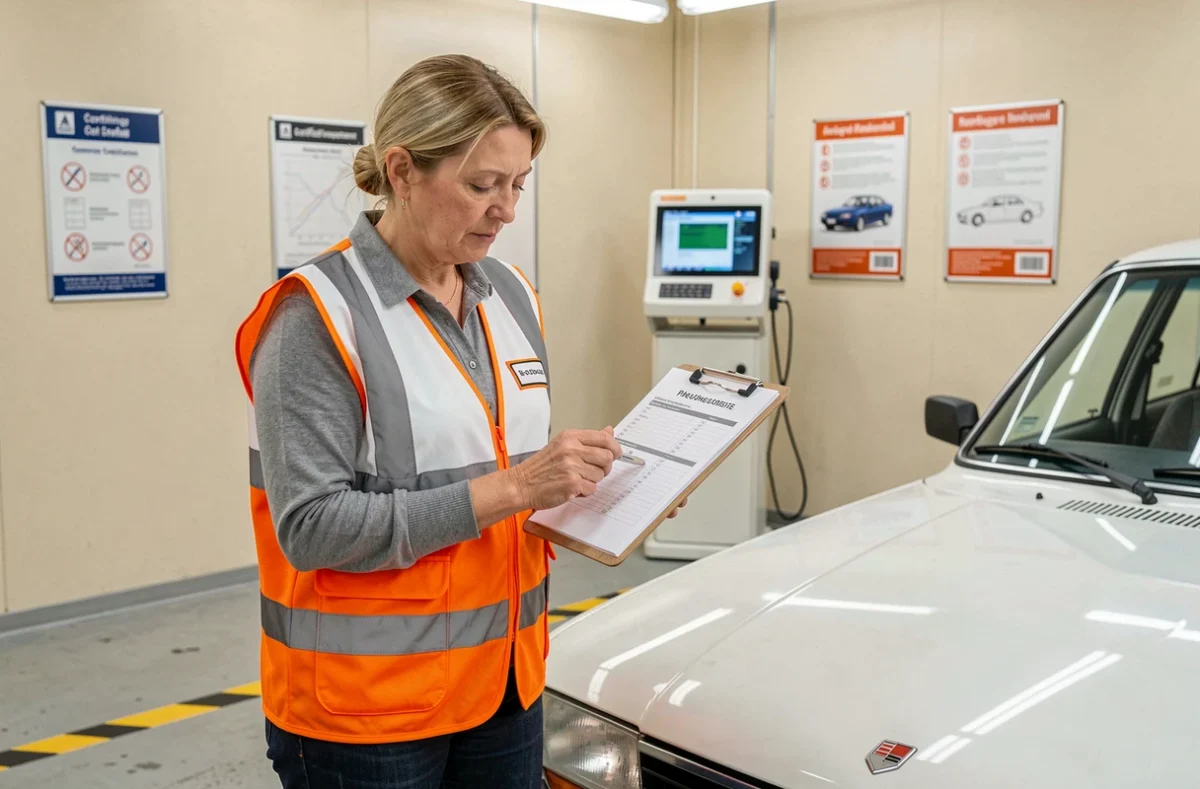 Inspectrice automobile examinant une Peugeot 504 ancienne dans un centre de contrôle technique agréé avec liste d'anomalies