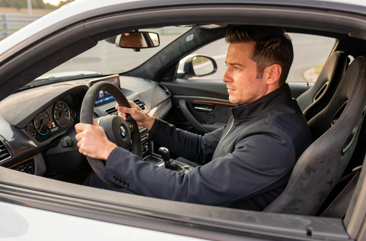 Conducteur installé dans l'habitacle de la BMW CSL avec volant en Alcantara et intérieur en fibre de carbone, ambiance circuit