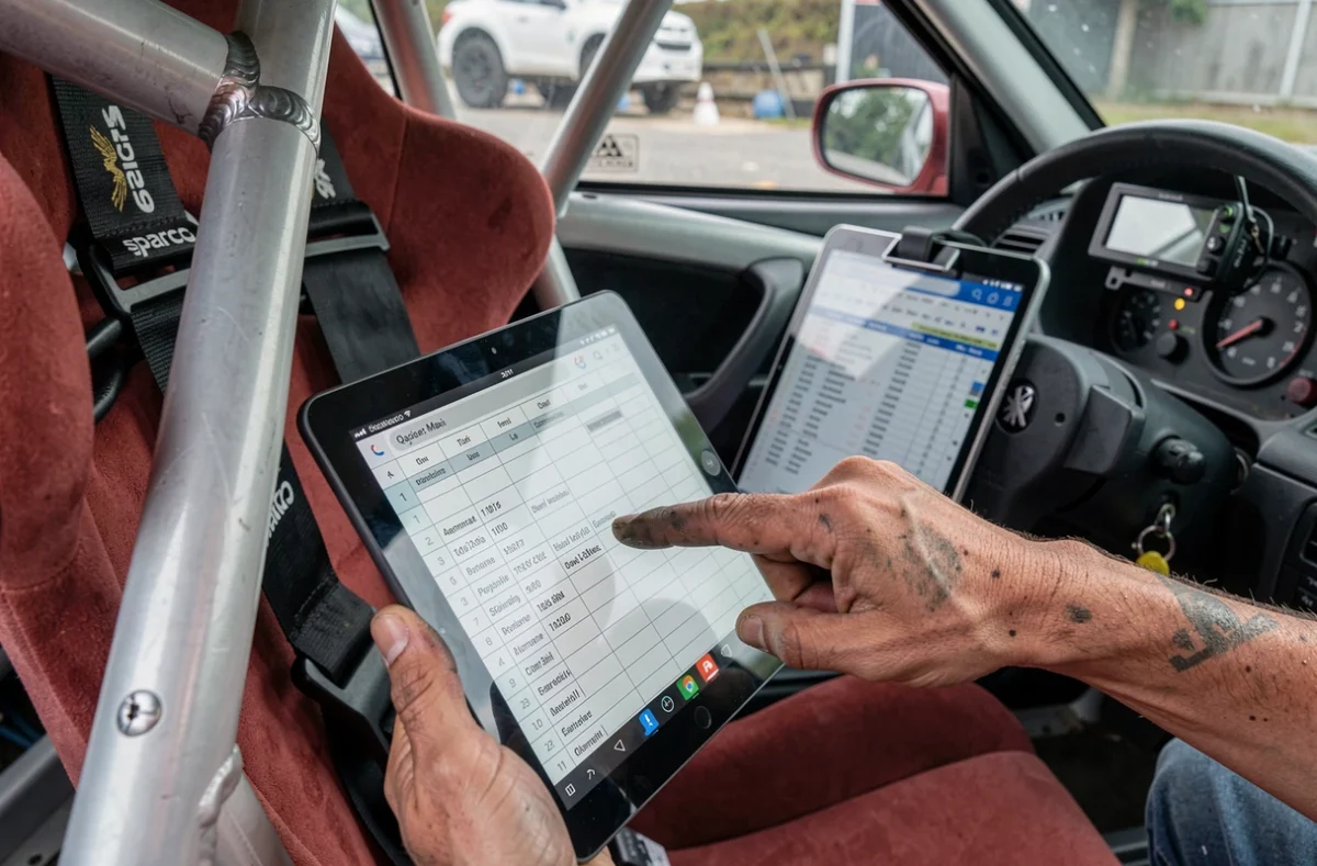 Intérieur cockpit d'une 306 Maxi rallye avec arceau sécurité, siège baquet et budget de préparation affiché sur tablette