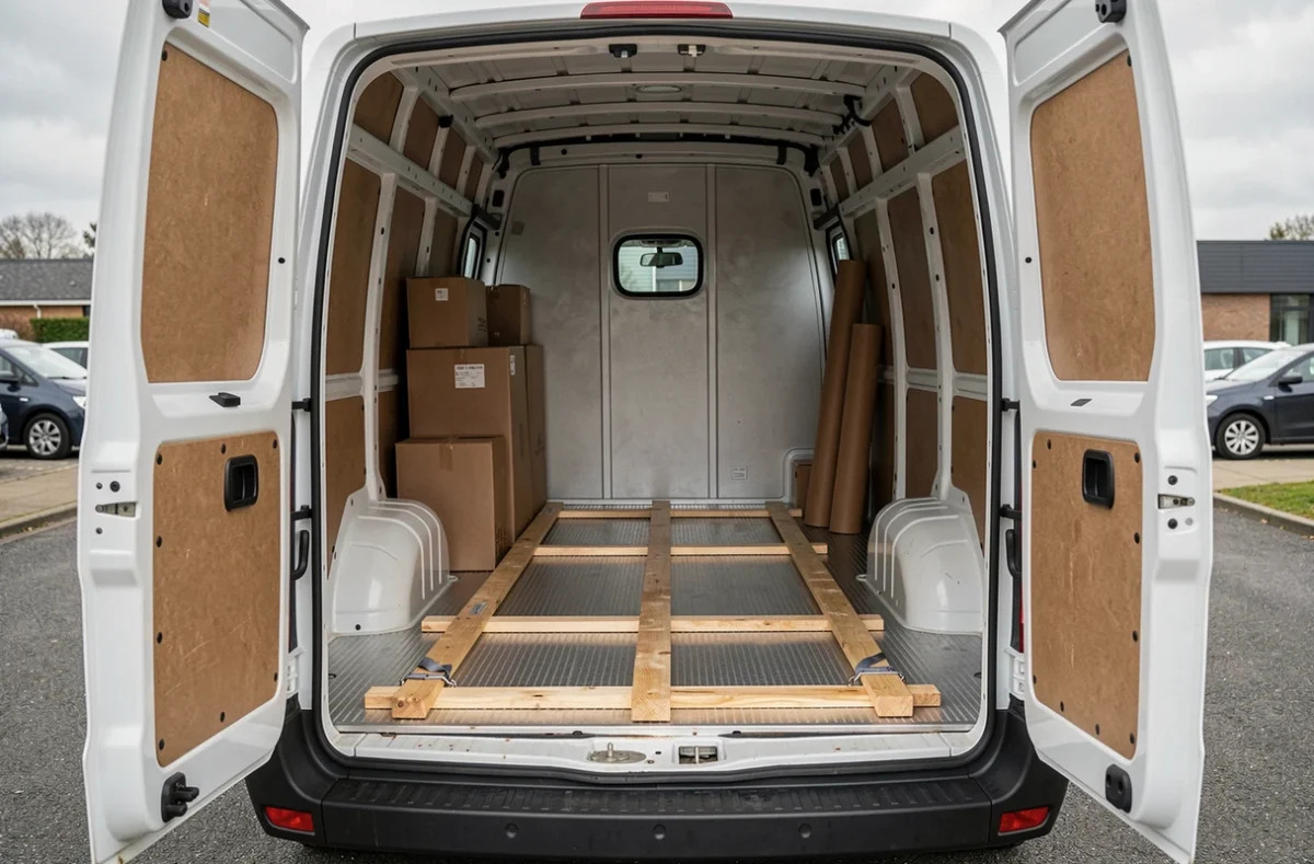Intérieur organisé d'un Renault Master 11m3 avec système d'arrimage et rangement optimisé des colis