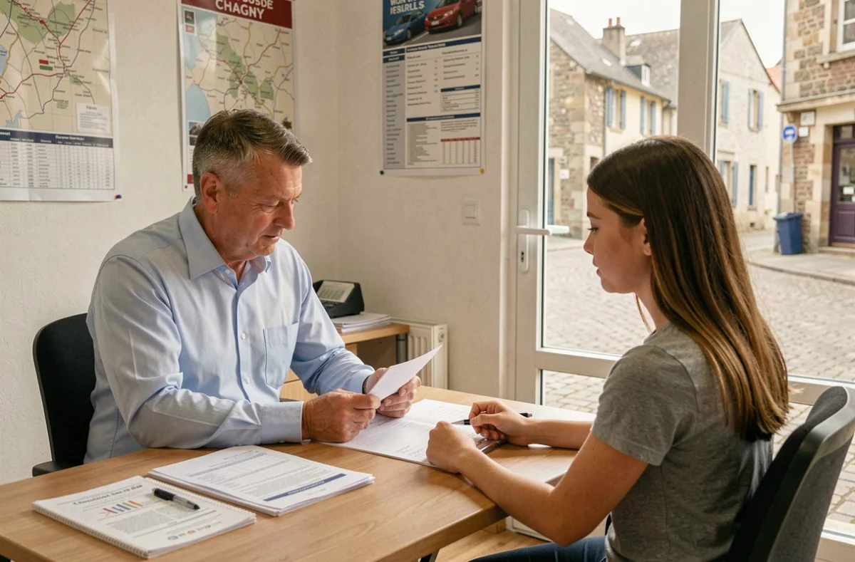 Un moniteur de l'ISEA de Chagny passant en revue une fiche de progression avec une élève dans les locaux de l'auto-école