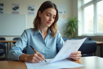 Jeune femme lisant attentivement une grille d'évaluation du permis de conduire dans une auto-école