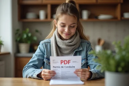 Jeune femme examine un permis de conduire dans sa cuisine