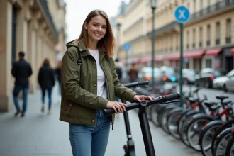 Jeune femme souriante avec scooter à Paris