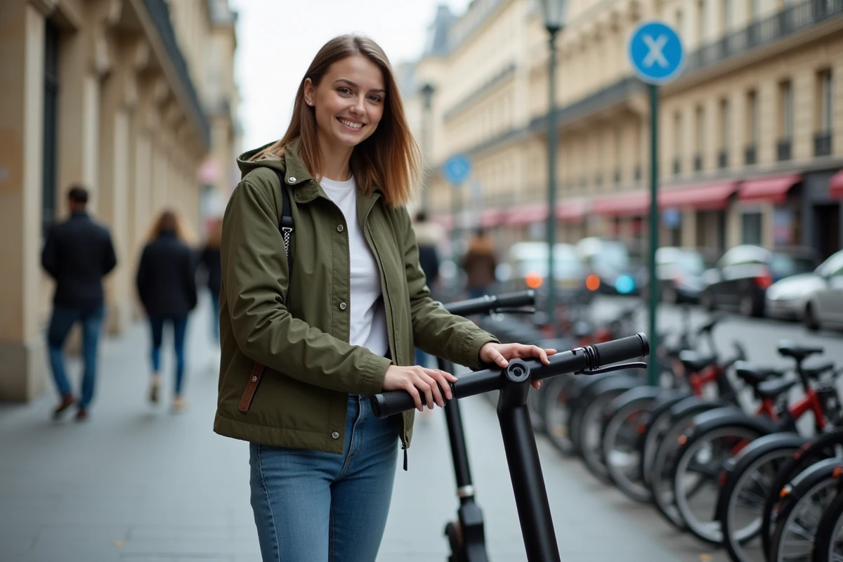 Jeune femme souriante avec scooter à Paris