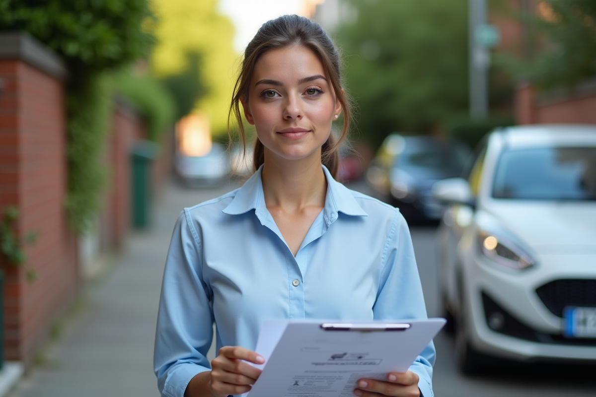Jeune femme vérifiant des papiers de voiture à l