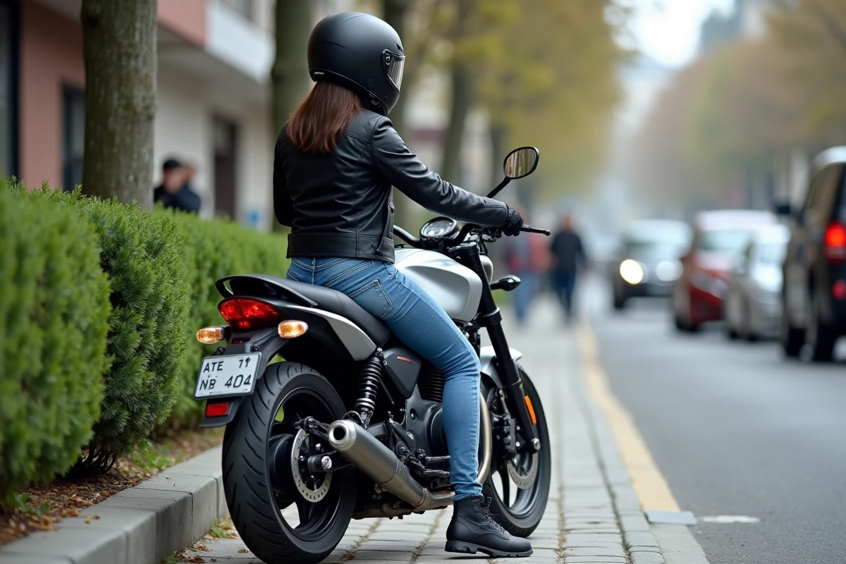 Jeune femme v&eacute;rifiant sa moto en milieu urbain